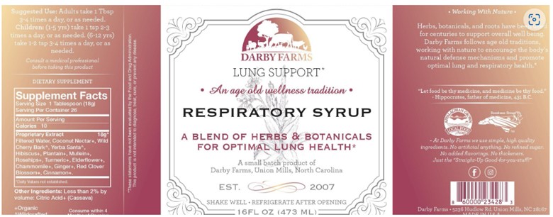 Darby Farms Lung Support Respiratory Syrup, 16oz